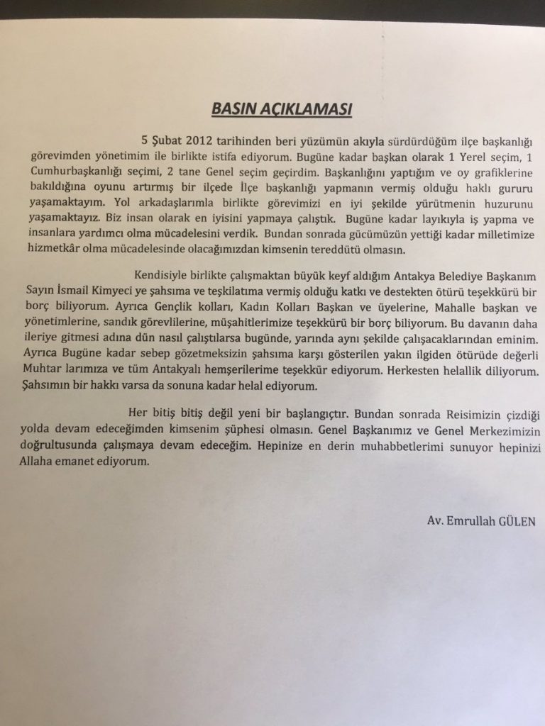 Hatay Ak Parti Teşkilatında Flaş İstifa